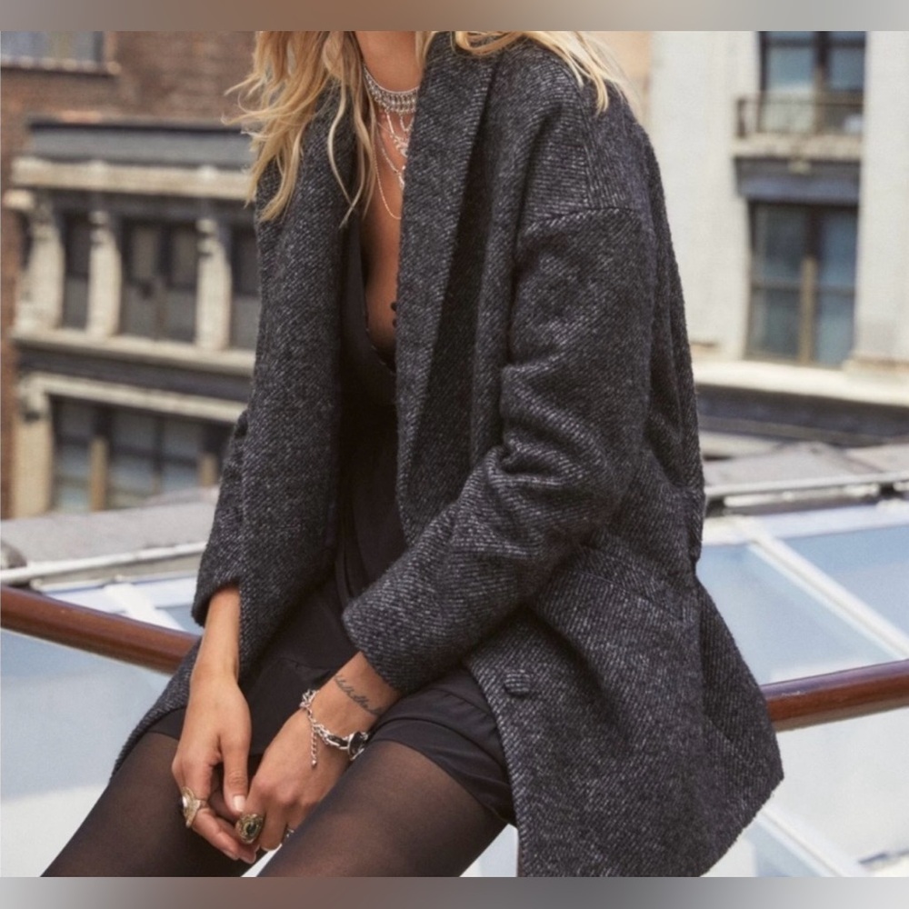Sezane Bow Coat Wool Blend‎ Women's 36 (US 4) Speckled Gray Lined Half Belt